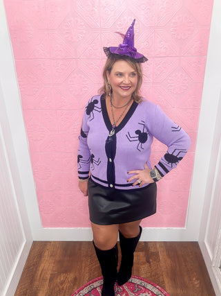 spider knit cardigan, purple and black, black spiders, button down cardigan, soft, halloween