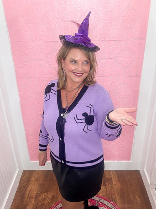 spider knit cardigan, purple and black, black spiders, button down cardigan, soft, halloween
