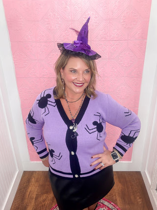 spider knit cardigan, purple and black, black spiders, button down cardigan, soft, halloween