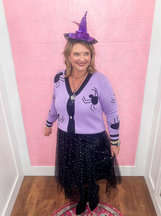 spider knit cardigan, purple and black, black spiders, button down cardigan, soft, halloween