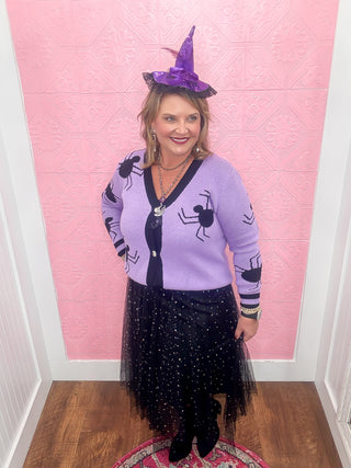 spider knit cardigan, purple and black, black spiders, button down cardigan, soft, halloween