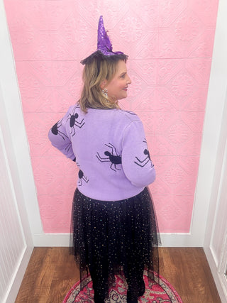 spider knit cardigan, purple and black, black spiders, button down cardigan, soft, halloween
