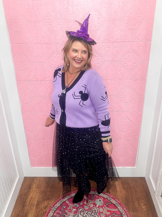 spider knit cardigan, purple and black, black spiders, button down cardigan, soft, halloween