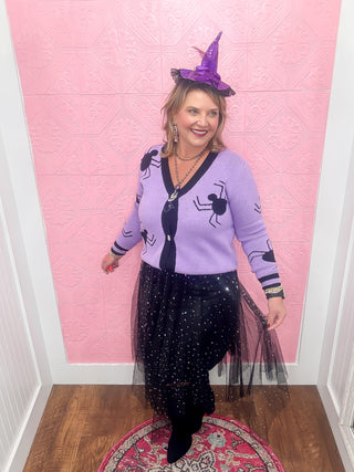 spider knit cardigan, purple and black, black spiders, button down cardigan, soft, halloween