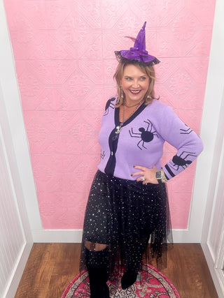 spider knit cardigan, purple and black, black spiders, button down cardigan, soft, halloween