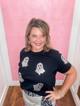 The Boo Crew Tee, black stretchy tee, silver glitter ghosts, halloween