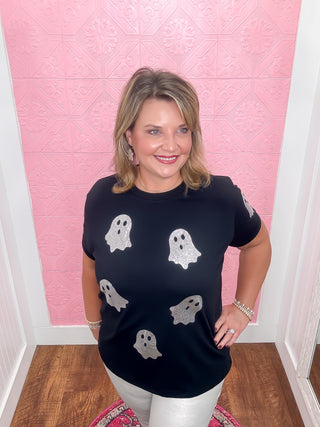 The Boo Crew Tee, black stretchy tee, silver glitter ghosts, halloween