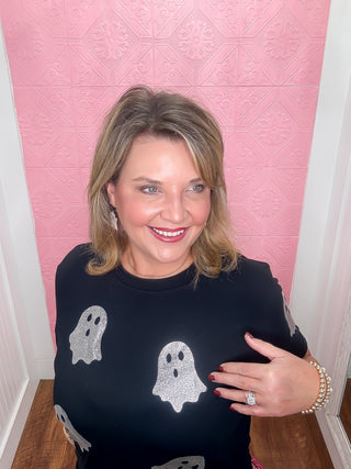The Boo Crew Tee, black stretchy tee, silver glitter ghosts, halloween