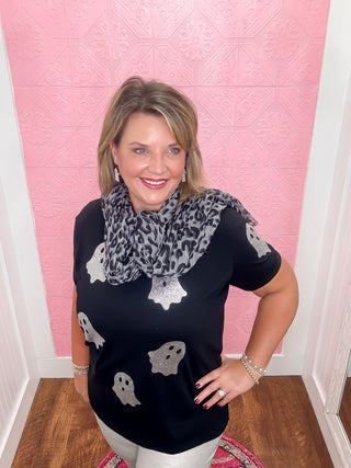 The Boo Crew Tee, black stretchy tee, silver glitter ghosts, halloween