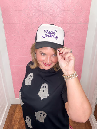 The Boo Crew Tee, black stretchy tee, silver glitter ghosts, halloween