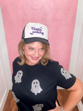 The Boo Crew Tee, black stretchy tee, silver glitter ghosts, halloween