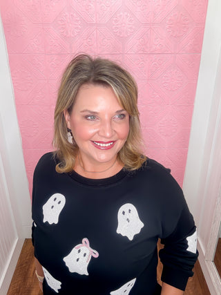 Boo-tiful Bow Sweatshirt, sequin ghost sweatshirt, white sequin ghost, white sequin ghost with pink bows, black sweatshirt, soft, crewneck, halloween