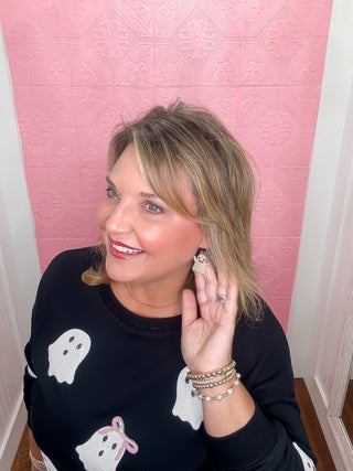 Boo-tiful Bow Sweatshirt, sequin ghost sweatshirt, white sequin ghost, white sequin ghost with pink bows, black sweatshirt, soft, crewneck, halloween
