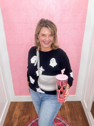 Boo-tiful Bow Sweatshirt, sequin ghost sweatshirt, white sequin ghost, white sequin ghost with pink bows, black sweatshirt, soft, crewneck, halloween