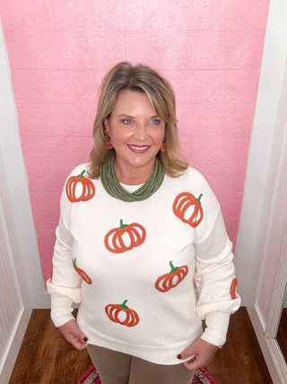 Pumpkin Patch Knitted Sweater, soft knit cream sweater, orange and green yarn pumpkins, thanksgiving, halloween, fall, crewneck