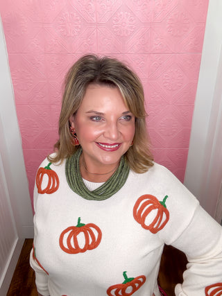 Pumpkin Patch Knitted Sweater, soft knit cream sweater, orange and green yarn pumpkins, thanksgiving, halloween, fall, crewneck