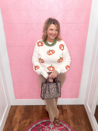 Pumpkin Patch Knitted Sweater, soft knit cream sweater, orange and green yarn pumpkins, thanksgiving, halloween, fall, crewneck