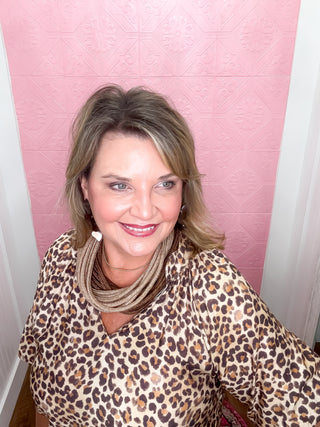 Wild Side Blouse, leopard blouse, balloon sleeve, short sleeve, scallop bottom, fall, brown leopard, vneck