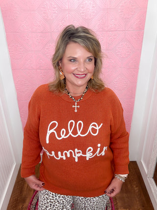 Hello Pumpkin Sweater, orange knit sweater, cream yarn hello pumpkin, fall, thanksiving, sweater, woman