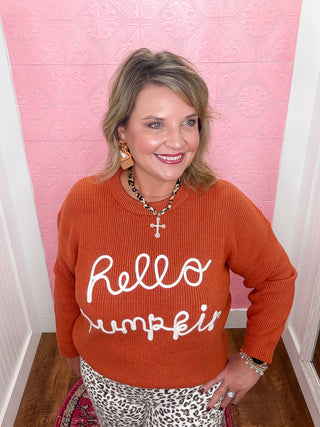 Hello Pumpkin Sweater, orange knit sweater, cream yarn hello pumpkin, fall, thanksiving, sweater, woman