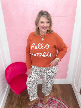 Hello Pumpkin Sweater, orange knit sweater, cream yarn hello pumpkin, fall, thanksiving, sweater, woman