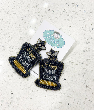 Jeweled Happy New Years Party Hat Earrings
