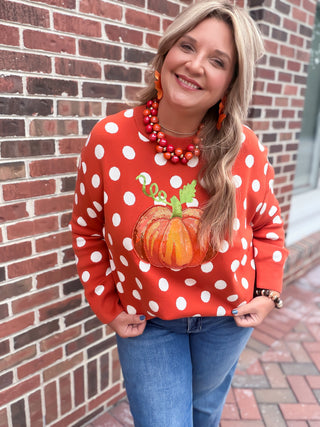 Queen Of Sparkles | Orange Polka Dot Pumpkin Sweater