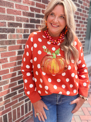 Queen Of Sparkles | Orange Polka Dot Pumpkin Sweater