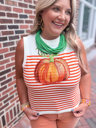 Queen Of Sparkles | Ivory & Orange Striped Pumpkin Knit Tank