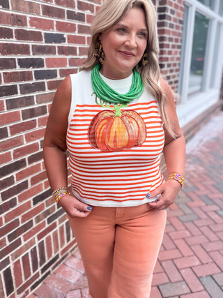 Queen Of Sparkles | Ivory & Orange Striped Pumpkin Knit Tank