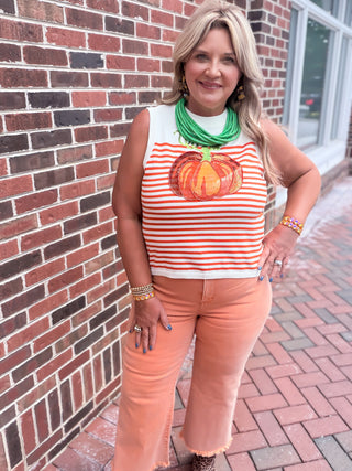 Queen Of Sparkles | Ivory & Orange Striped Pumpkin Knit Tank
