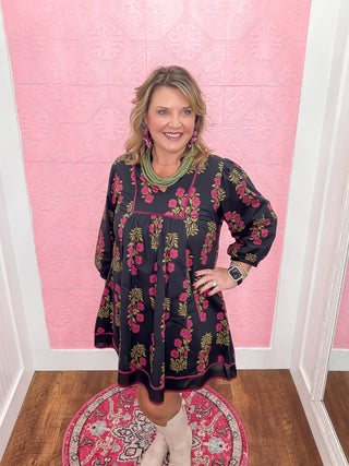 black dress with floral print