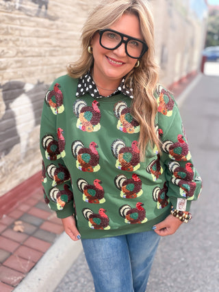 Queen of Sparkles Turkey Sweatshirt in a rich dark green with a multi-detail turkey graphic