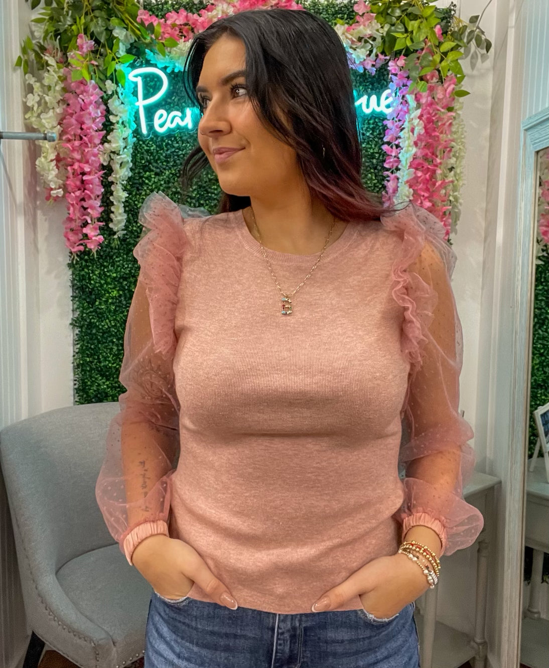 On Holiday Pink Sheer Sleeve Sweater