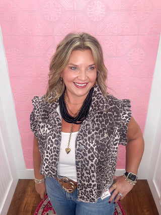 animal print vest with ruffle sleeve