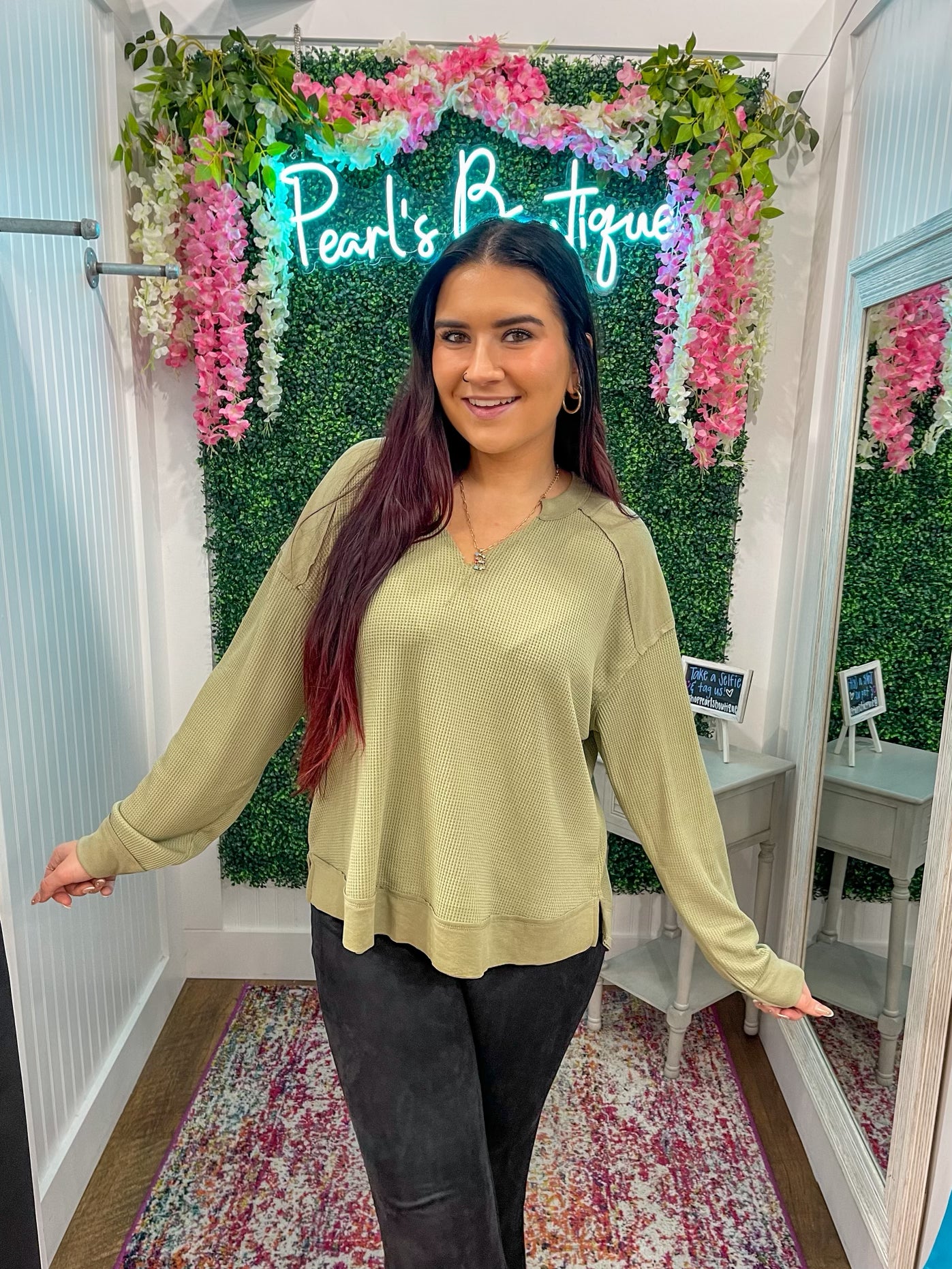 Waffle Knit Top - Olive