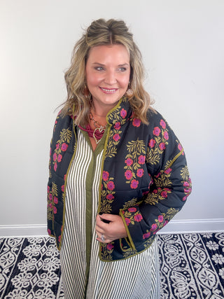 black floral quilted jacket