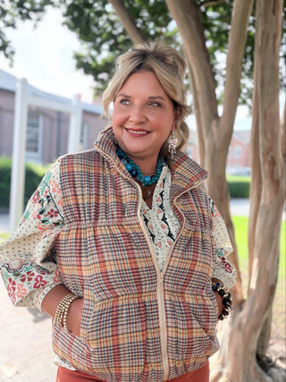  Easel Countryside Charm Vest. This cropped quilted vest with a playful multicolor plaid pattern 