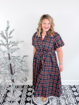 plaid balloon sleeve midi dress