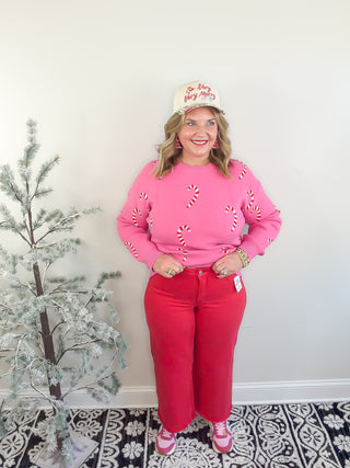 risen red crop jeans