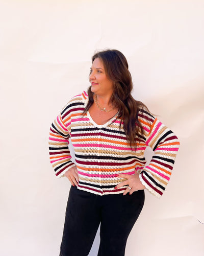 Stripes for Daze Knit Bell Sleeve Sweater with Hood