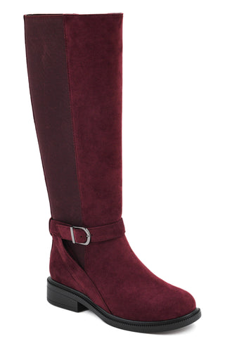 A single knee-high boot in deep burgundy suede, featuring a matching side strap with a silver buckle and a low black block heel.