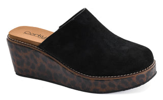 A single black suede mule slipper with a brown leopard-print wedge heel and a tan insole by Corkys footwear.