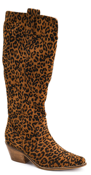 Leopard print knee-high boot made by Corkys footwear.