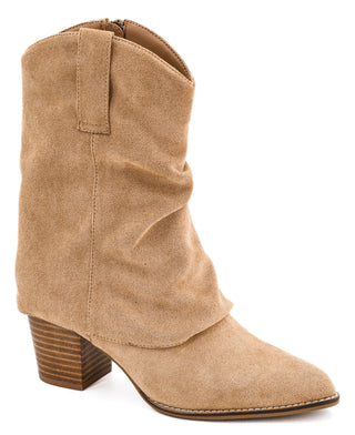 Corkys Old Man boot that is a tan suede slouchy ankle boot with a stacked wood-look block heel.