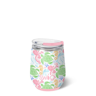 Stemless wine glass with sea-themed design and pink lid.