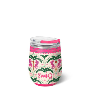 Pink and green patterned swig tumbler.