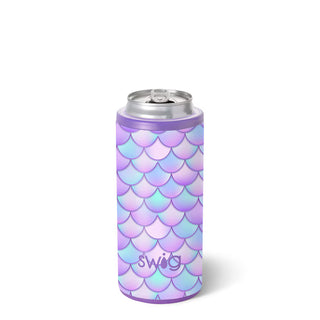 Skinny Can coller with mermaid scale pattern and 'swig' logo.