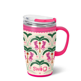 Travel mug with pink handle and palm tree design.