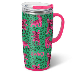 Green travel mug with pink tiger pattern and 'Swig' branding.
